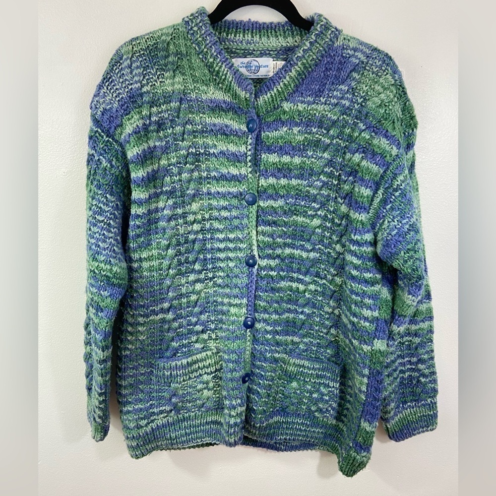 Vintage Hand Knit Cardigan Wool Blend Cable S Large Grandma Chunky Boho Heavy - Picture 1 of 10